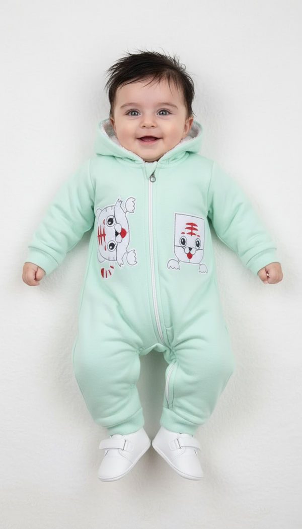 Tiny Tiger Sea Green Hooded Fleece Warm Romper
