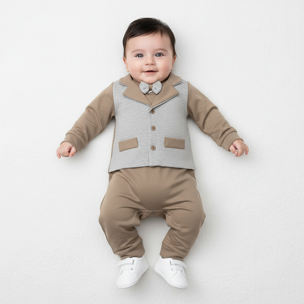 Elegant Baby Tuxedo Brown Romper with Bow Tie