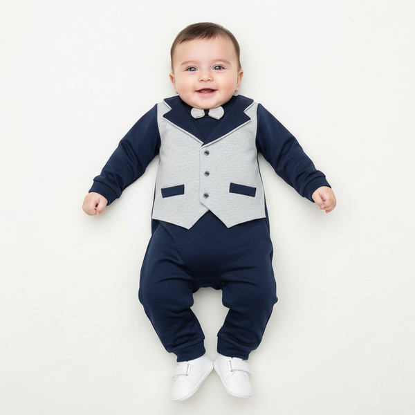 Elegant Baby Tuxedo Navy Romper with Bow Tie