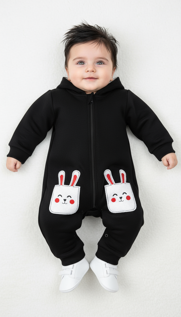 Cozy Duo Bunny Embossed Fleece Black Romper