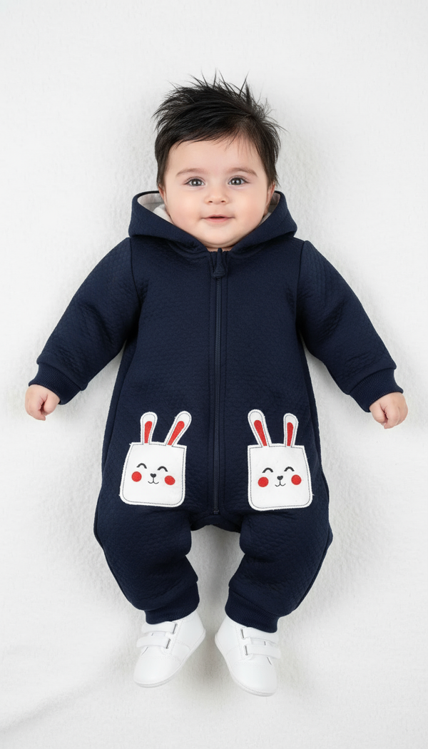 Cozy Duo Bunny Embossed Fleece Navy Romper