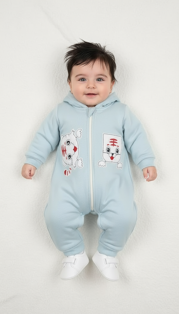 Tiny Tiger Hooded Fleece Sky Blue Warm Romper