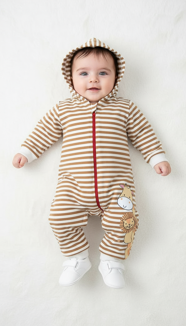 Striped Baby Fleece Romper with Giraffe & Lion Print