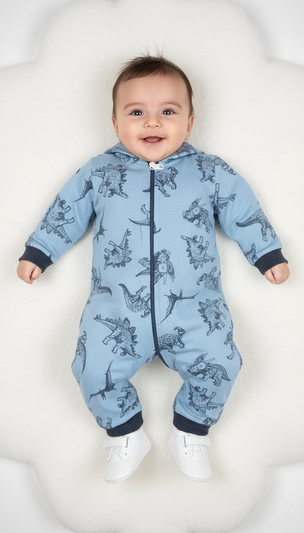Dinosaur Printed Terry Hooded Romper