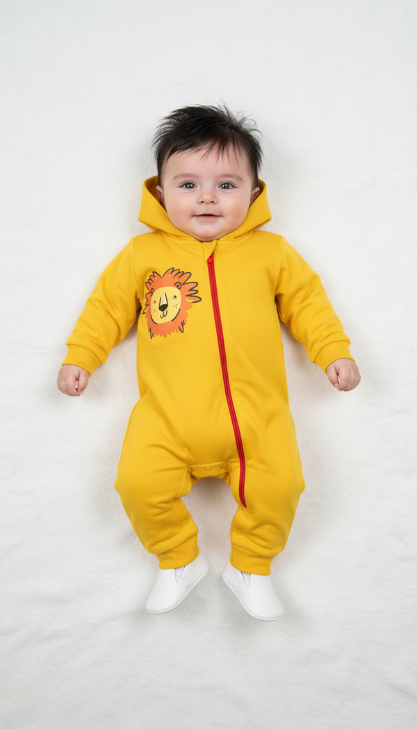 Yellow Lion Print Baby Hooded Winter Romper