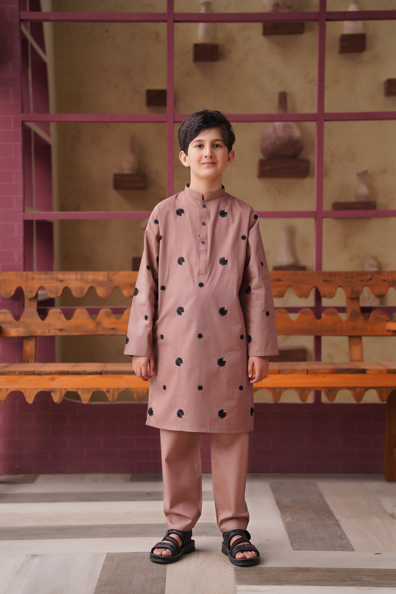 Stone Beige Embroidered Flower Motif Kurta & Matching Trouser ( 2 pcs)