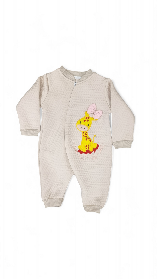 Giraffe Themed Quilted Embossed Cream Romper