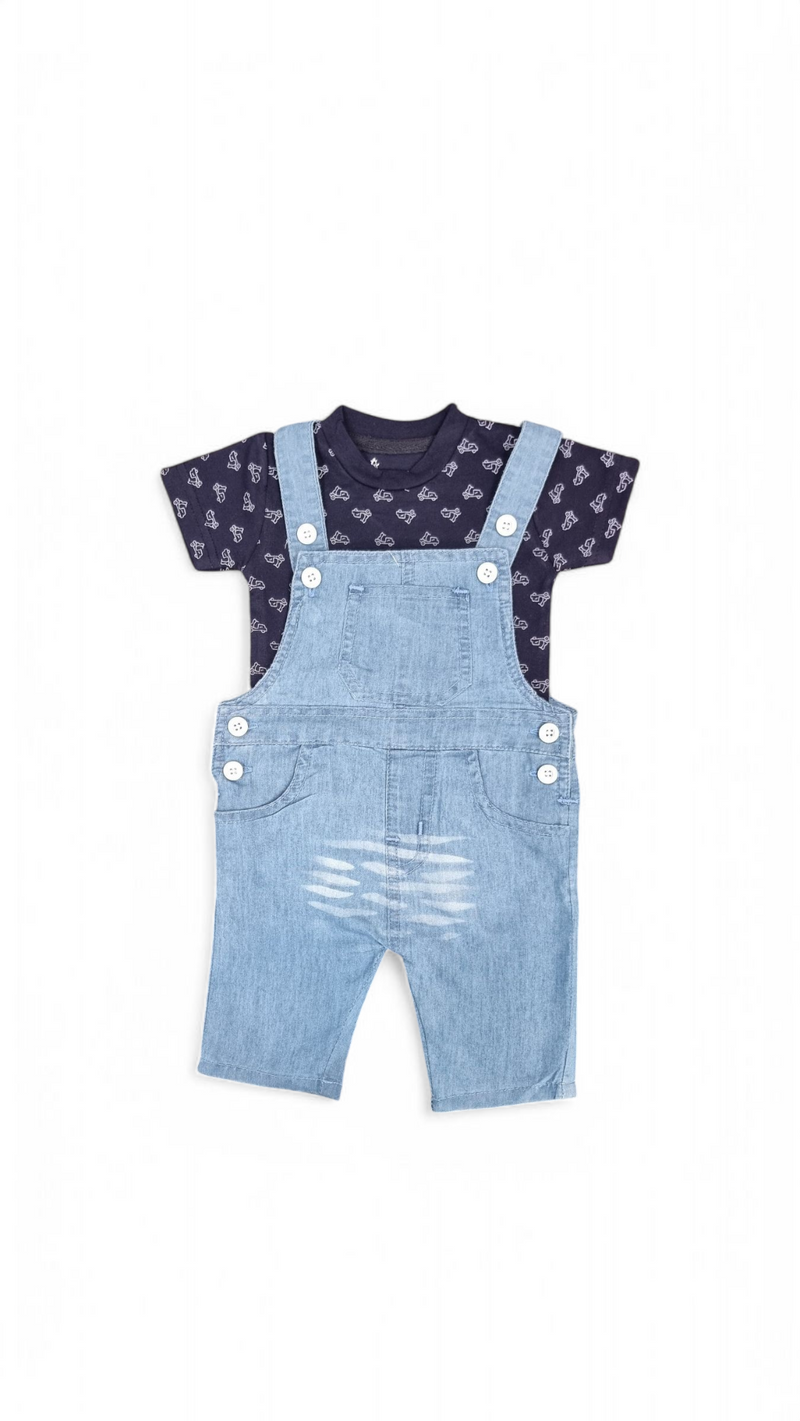 Navy Car Printed All Over Tee & Denim Dungaree