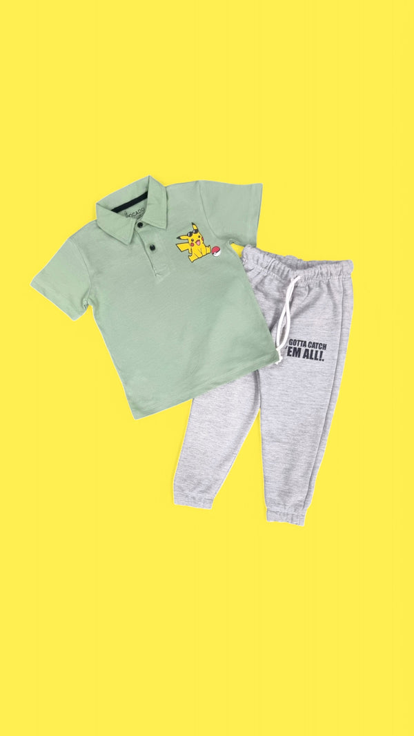 Pikachu Sea Green Polo & Grey Terry Trouser