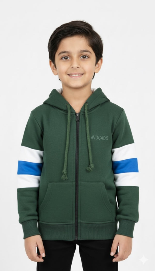 Avocado Dark Green Zip-Up Hoodie with Color Block Sleeves