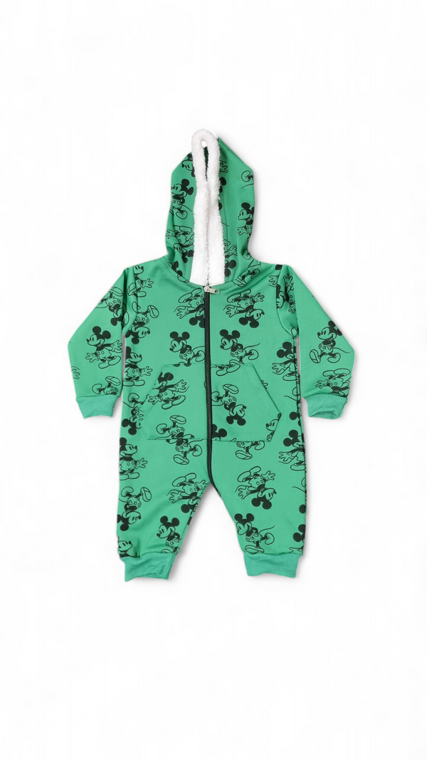 Mickey Mouse All Over Green Zip Up Fur Hoodie Winter Romper