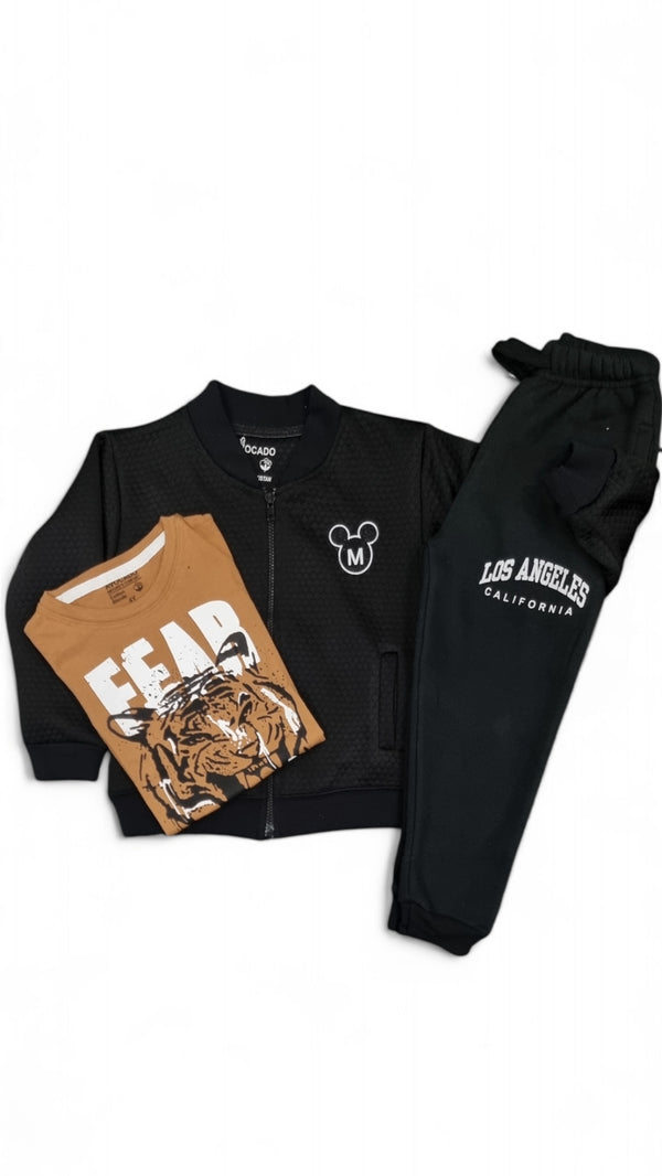 Black Embossed Jacket , Fearless Lion Tee & Los Angeles Fleece Trouser ( 3pcs )