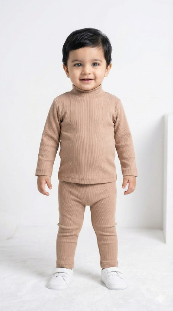 Brown Beige Ribbed Mock Neck Set Infant
