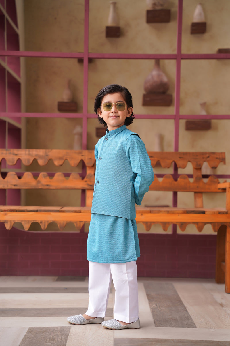 Teal Elegance Kurta With Waistcoat & White Trouser (3pcs)