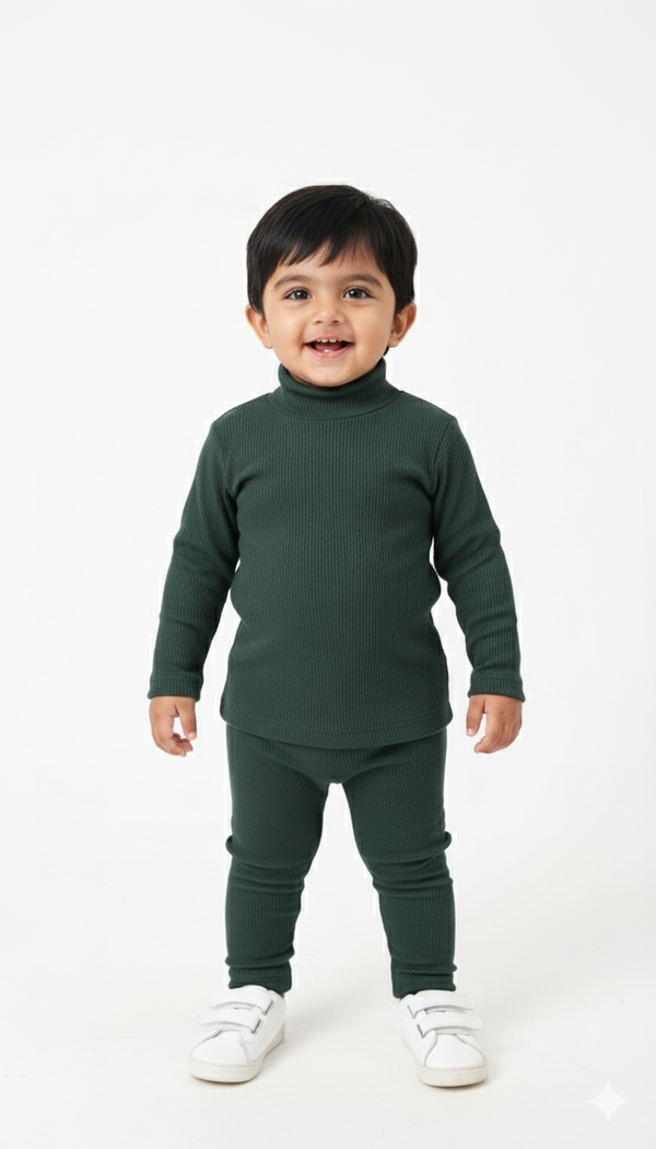 Dark Green Ribbed Mock Neck Set