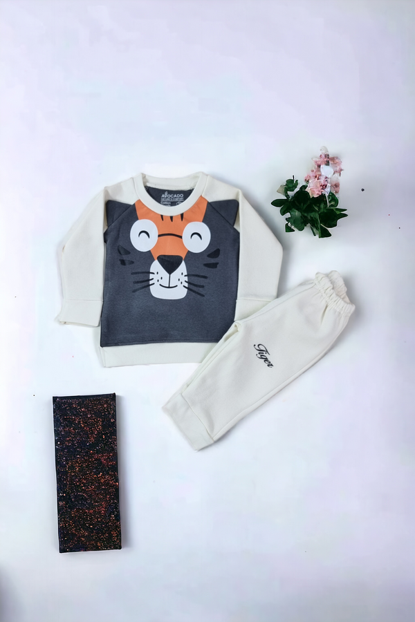 Smiling Tiger Print Kids Fleece Sweatshirt & Trouser