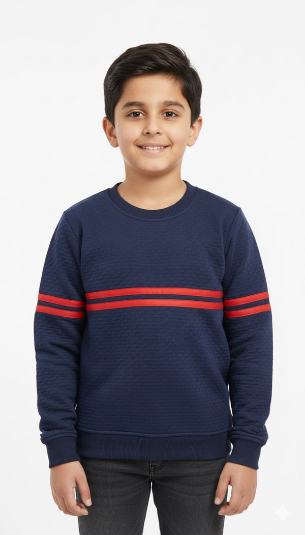 Navy Blue Red Striped Embossed Fleece Sweatshirt