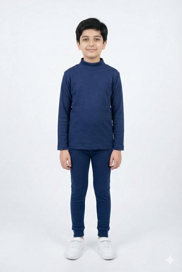 Blue Soft Cotton Mock Neck Set