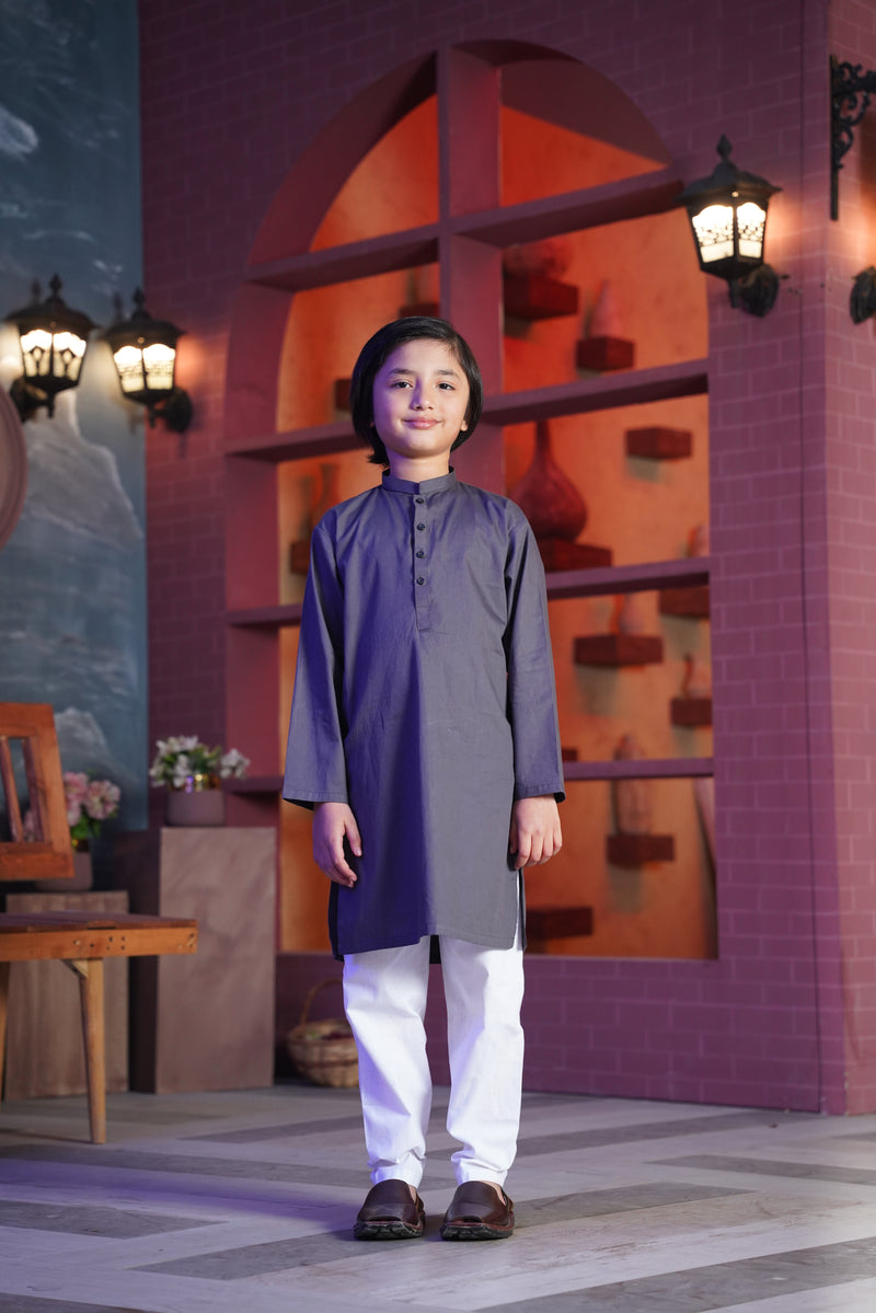 Grey Cotton Kurta & White Trouser (2 pcs)
