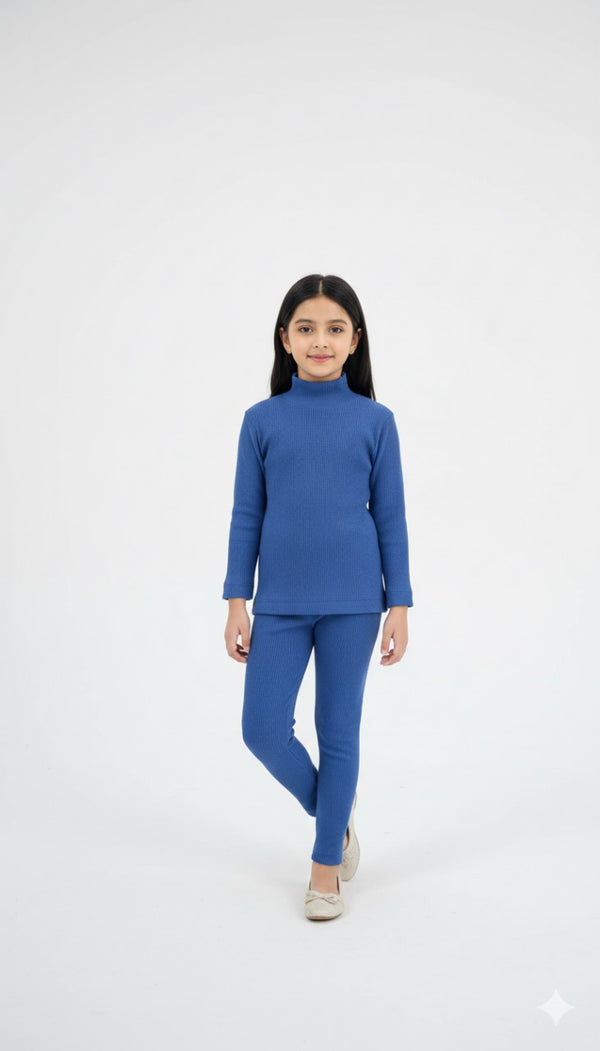 Blue Ribbed Mock Neck Set