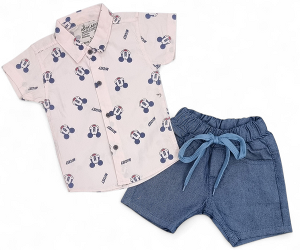 Mickey All Over Shirt & Space Blue Cotton Short Infants
