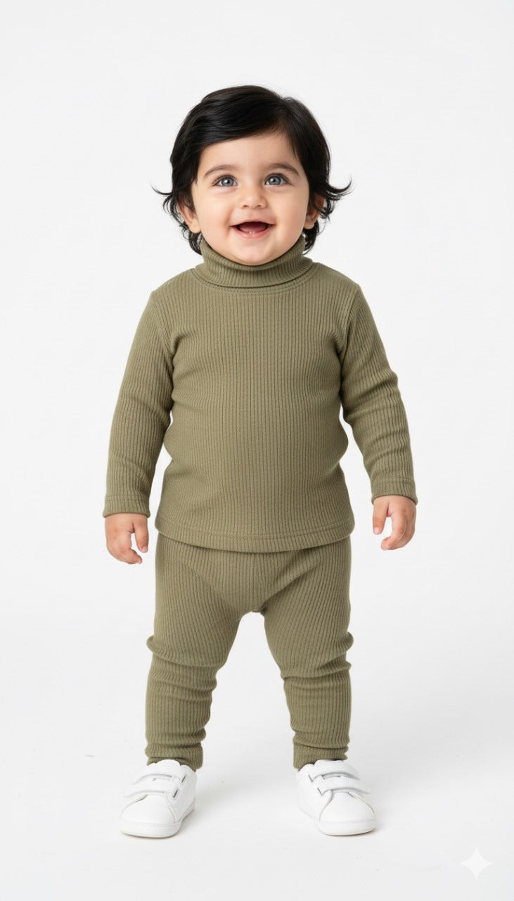 Army Green Ribbed Inner Mock Neck Set Infant