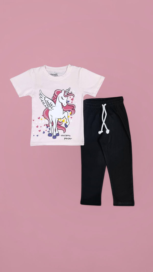 Girls Unicorn Power Baby Pink Tee & Black Trouser