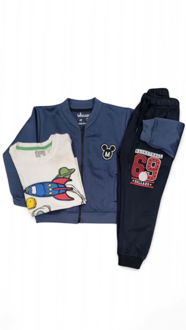 Royal Blue Embossed , Rocket Space Tee & BasketBall 69 Trouser ( 3pcs )