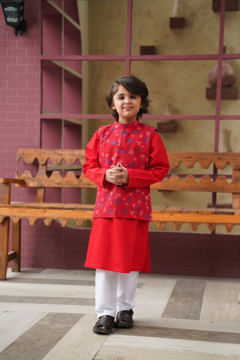 Royal Crimson Kurta With Waistcoat (2pcs)