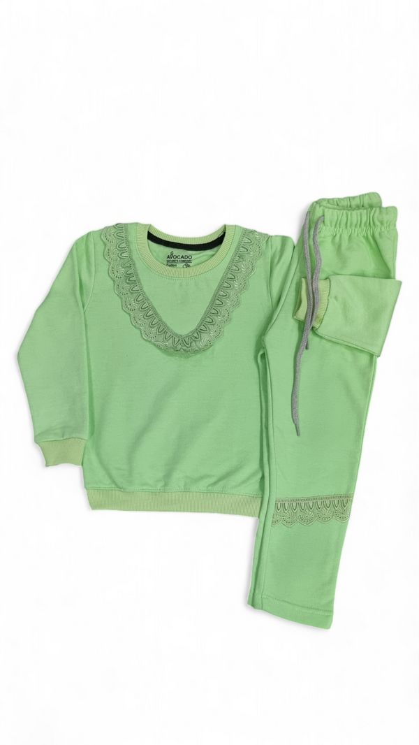 Lace Trim Pista Green Fleece Sweatshirt & Trouser