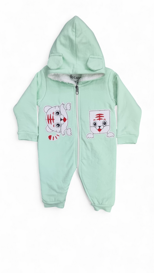 Tiny Tiger Sea Green Hooded Fleece Warm Romper