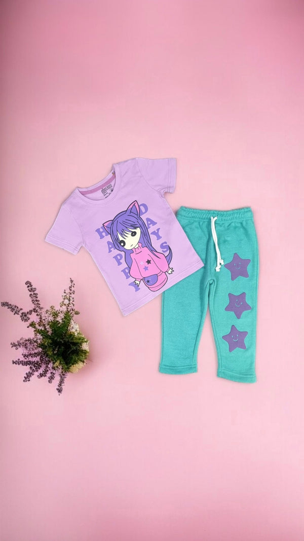 Happy Days Purple Tee & Sea Green Terry Trouser