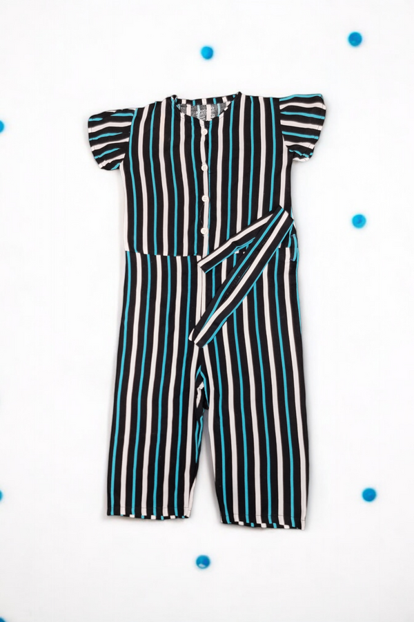 Striped Button Down Half Sleeves Jumpsuit