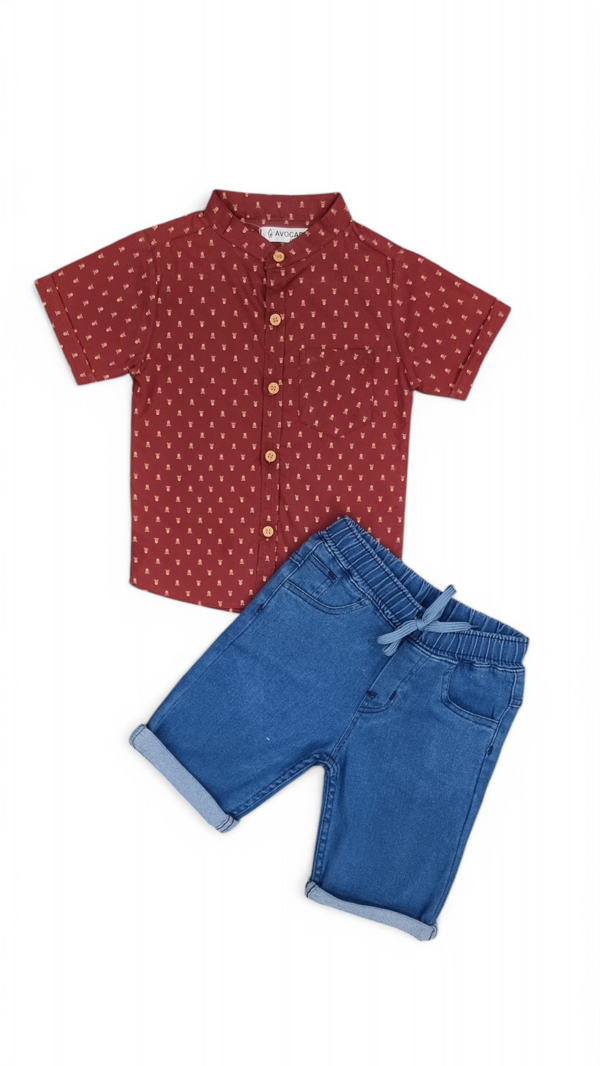 Burgundy Printed Shirt & Denim Short