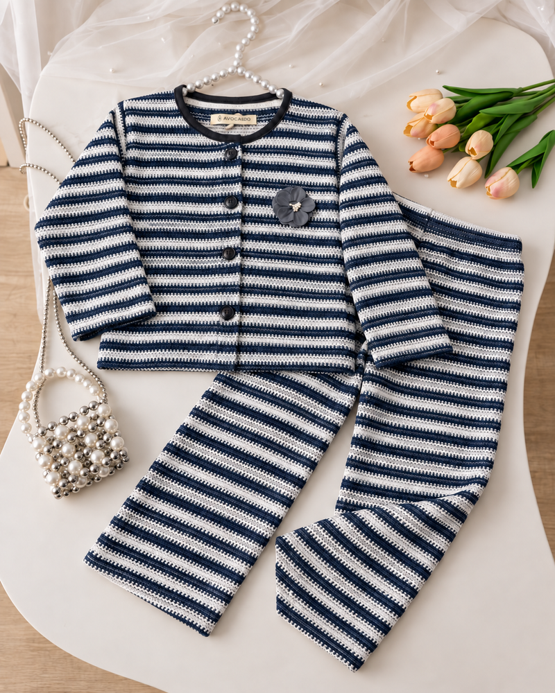 Navy Stripe Blossom Knit 2 Piece Set