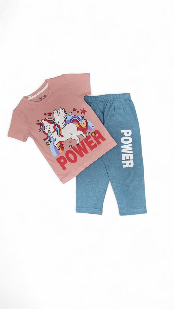 Girls Unicorn Power Pink Tee & Blue Trouser