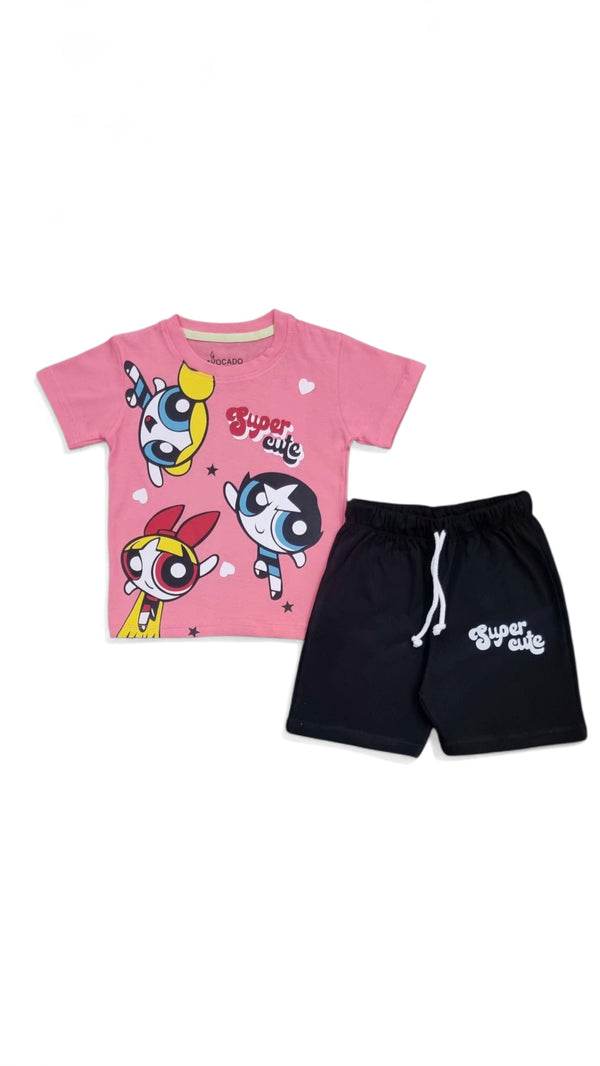 Super Cute Power Girl Pink Tee & Black Short