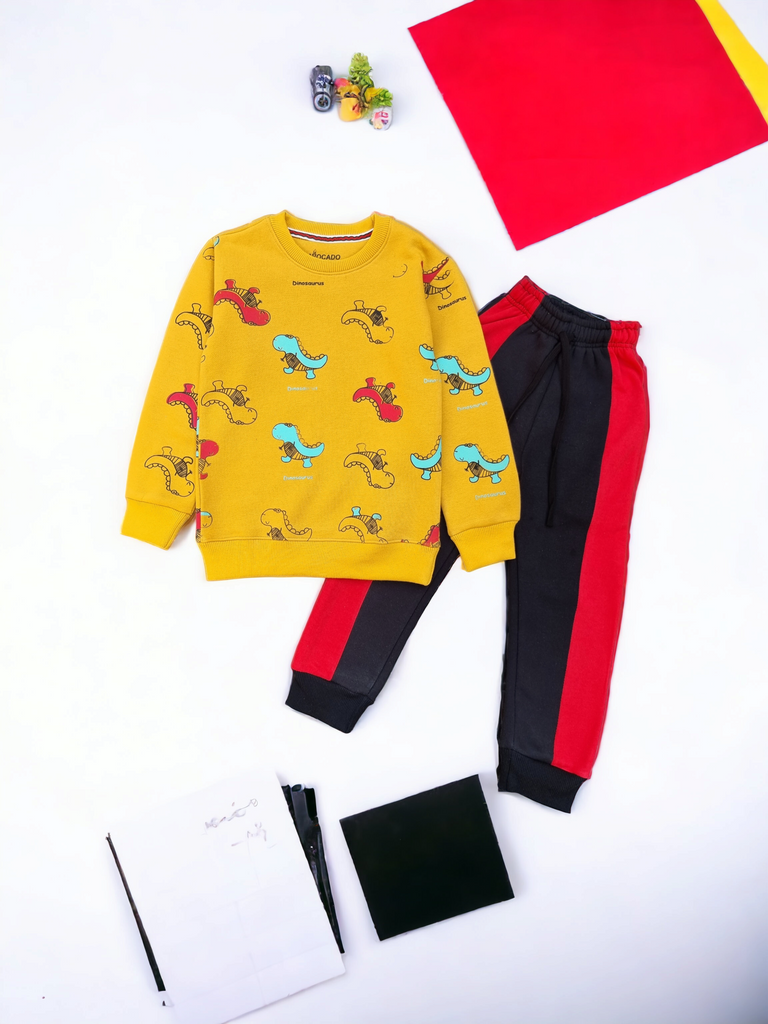 Mini Daino's Printed Winter Fleece Sweatshirt & Black/Red Fleece Trouser