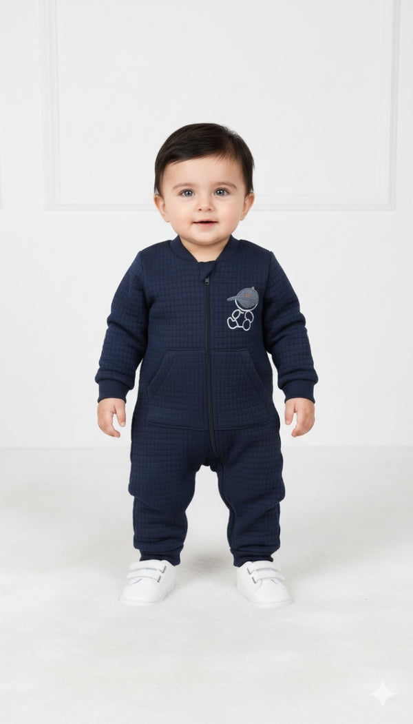 Navy Blue Bear Quilted Romper