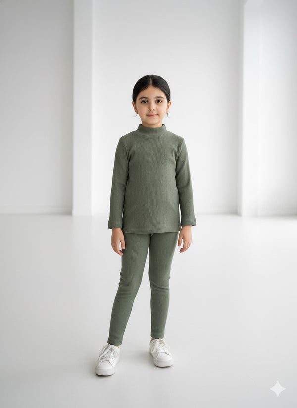 Olive Green Ribbed Mock Neck Set