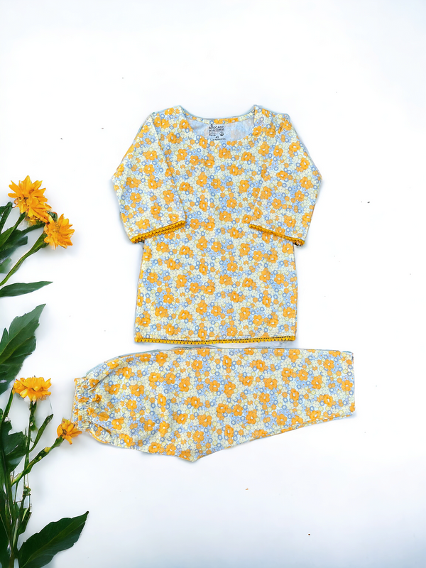 Yellow Printed Cord Set With Lace Detailing