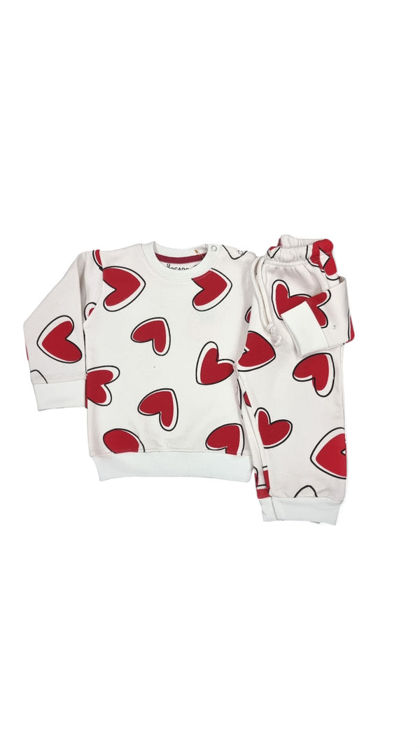 Red Hearts Print Cozy Fleece Sweatshirt & Trouser