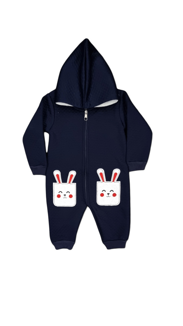 Cozy Duo Bunny Embossed Fleece Navy Romper