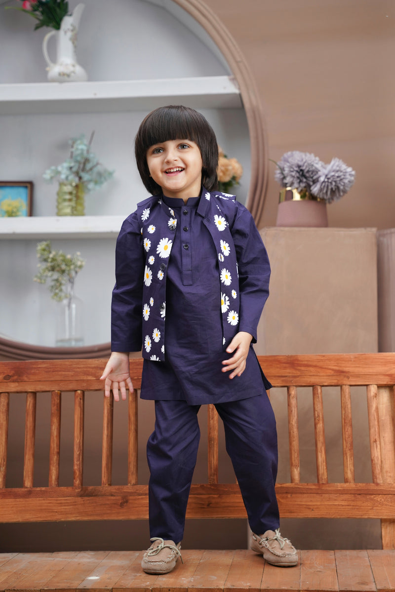 Midnight Blue Kurta & Trouser With Daisy Floral Print Waistcoat (3 pcs)