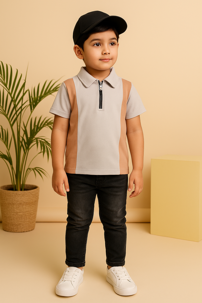 Modern Colorblock Polo Zipper T-Shirt & Slim Fit Black Faded Jeans