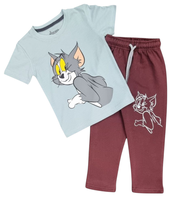 Tom Printed Sky Blue Tee & Mehroon Trouser