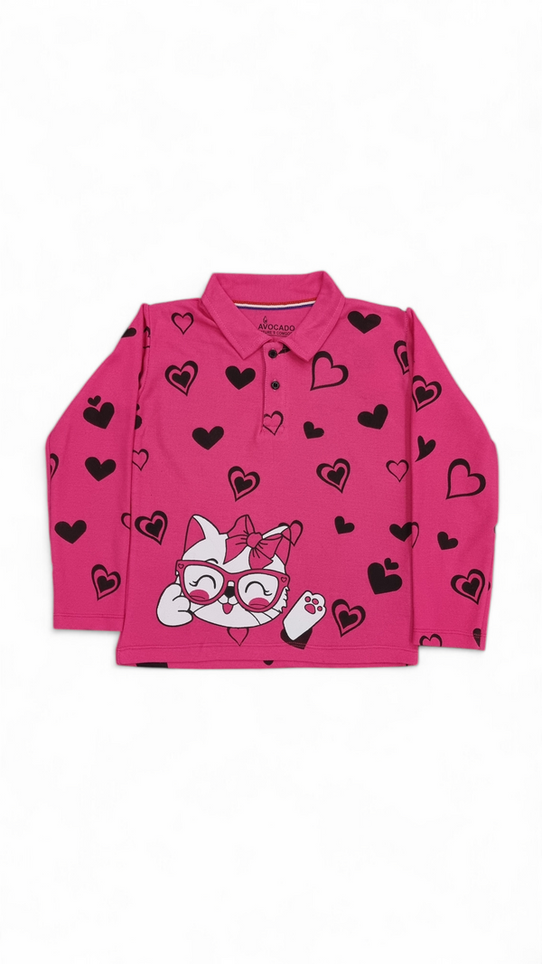 Pink Polo for Girls with Adorable Cat  & Hearts