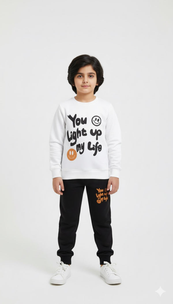 Smiley Glow White Fleece Sweatshirt & Trouser