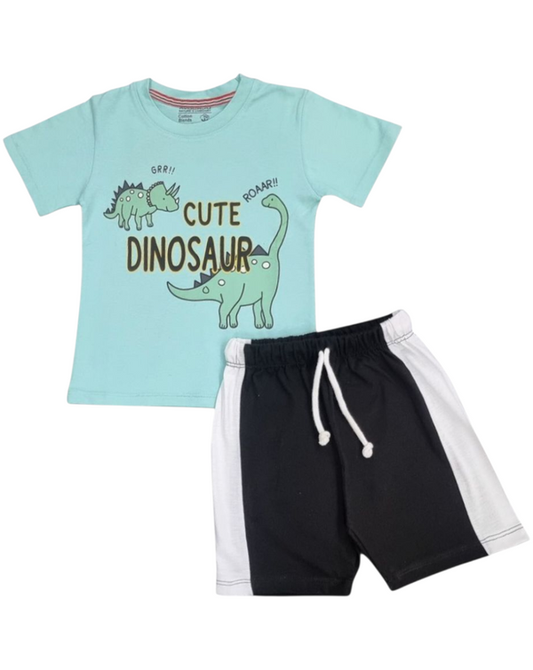 Cute Dinasour T-Shirt & Soft Comfy Contrast Panel Black - White Short