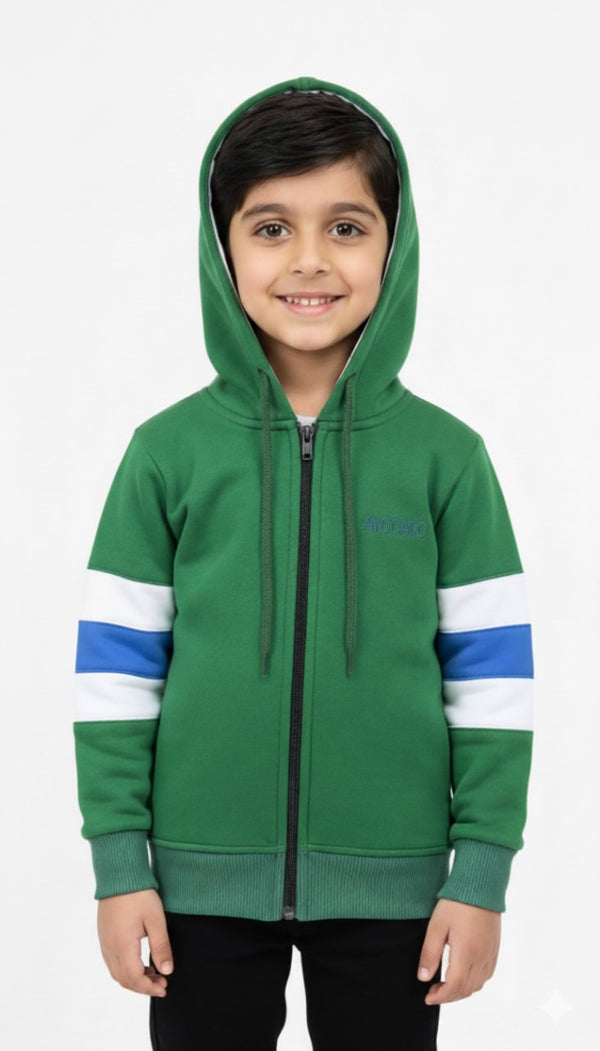 Avocado Green Zip-Up Hoodie with Color Block Sleeves